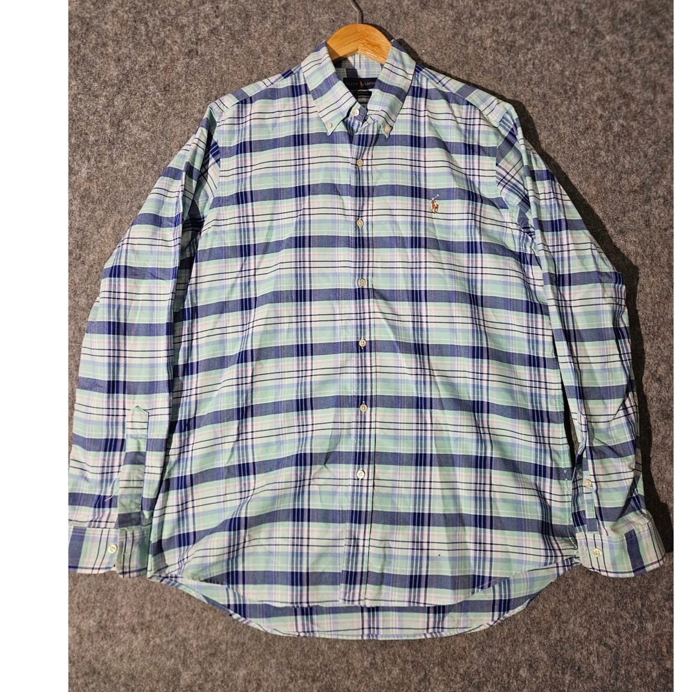 Ralph Lauren Button Down Shirt Mens LG Blue Green Plaid Classic Fit Long Sleeve